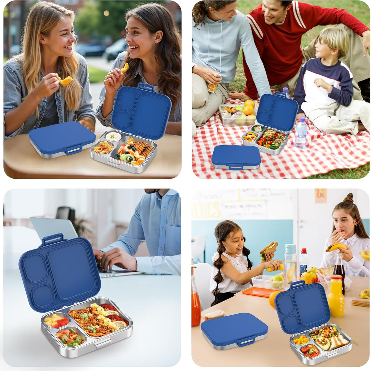 Stainless Steel Bento Lunch Box for Kids | 3-Compartment Lunch Box Container Kids | 100% Leakproof, Dishwasher-Safe, Eco-Friendly, Perfect Portion Control for Kids&Adult Healthy Meals (Blue)