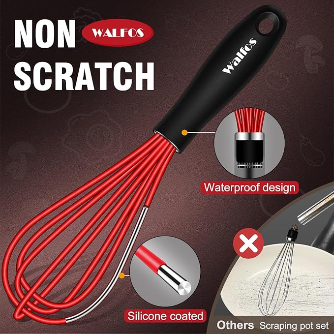 Walfos Mini Whisk Red Small whisk-Non Scatch Rubber Coated Whisk,small silicone whisk 5 & 7 inch Tiny Whisk,Nice for mixing and stirring small batches of powder and sauce in small bowl containers.2pcs
