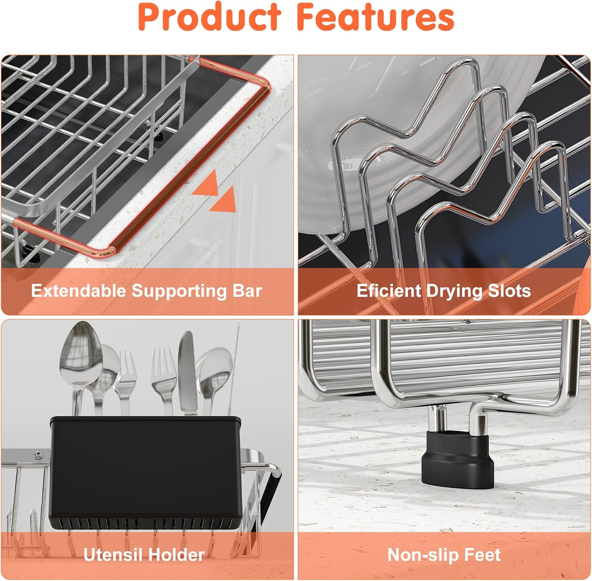 Small Expandable Over The Sink Dish Drainer Drying Rack In Stainless Steel Metal For Kitchen, Counter Space Saving Compact Above Plate Dryer Strainer, Adjustable Hanging Inside Sink Wire Drain Holder