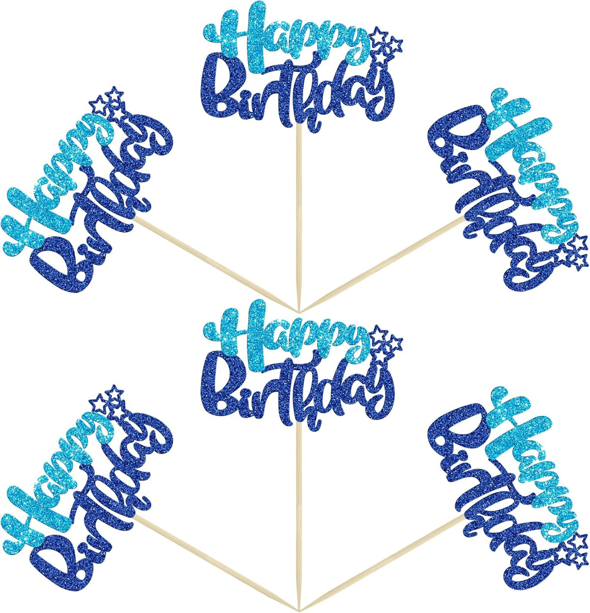 Ephlyn 24Pcs Happy Birthday Cupcake Toppers Double Layer Glitter Happy Birthday Cake Decorations for Baby Shower Theme Kids Boys Girls Birthday Anniversary Party Decorations Supplies Blue
