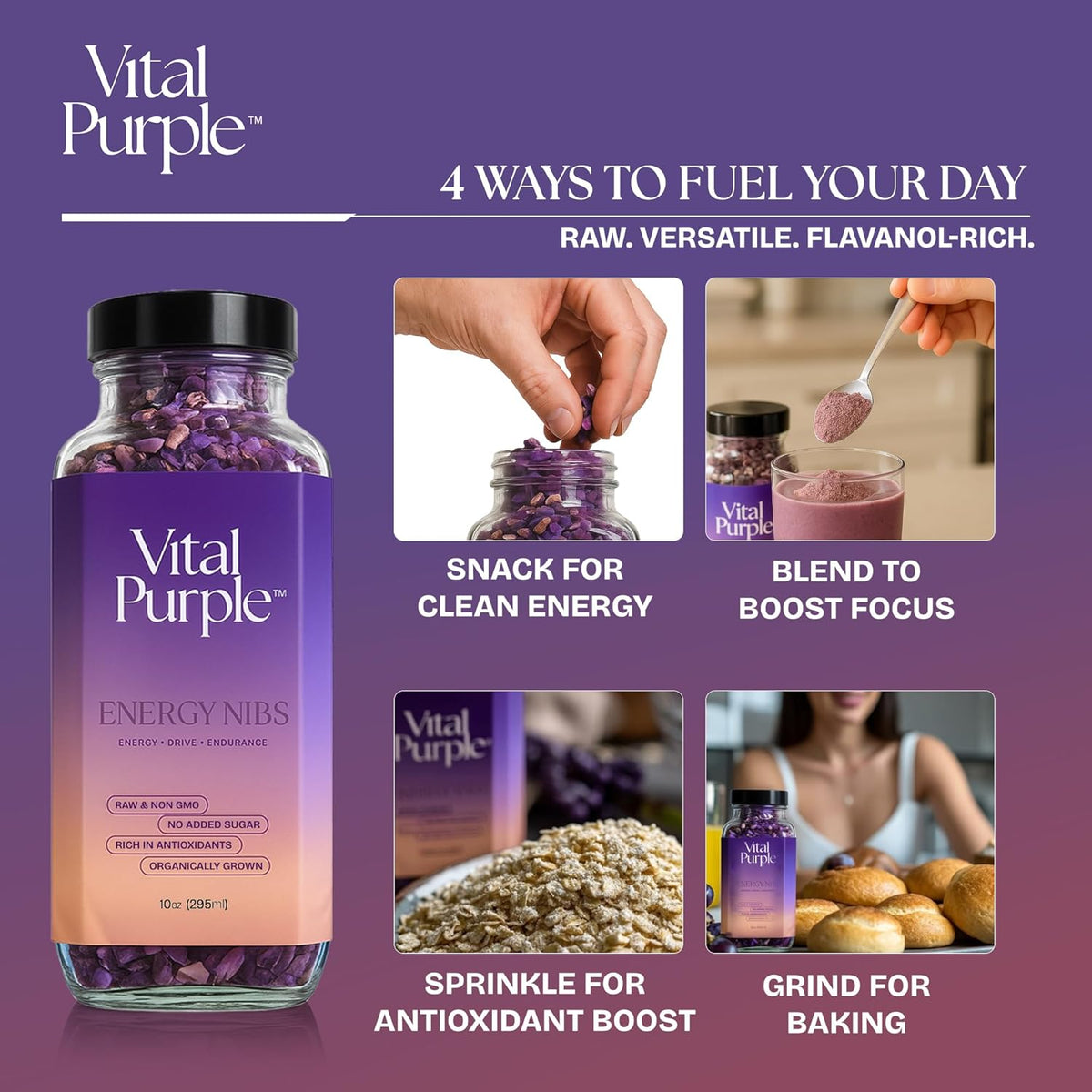 Vital Purple High Flavonal 100% Raw Cocoa Energy Nibs – 900mg Flavanols, Purple Cacao, Unroasted & Unfermented - Clean Fuel for Performance & Recovery (10 oz)