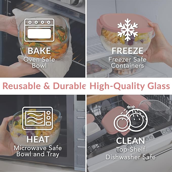 Bentgo Glass All-in-One Salad Container - Large 61-oz Salad Bowl with Lid, 4-Compartment Bento-Style Tray, 3-oz Sauce Container, and Reusable Fork - Dishwasher, Microwave, and Oven Safe (Coral)