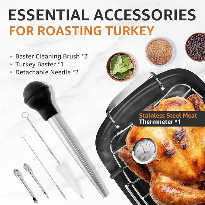 Roasting Pan, 17x13 Inch Nonstick Turkey Roaster with Removable Rack & Cooking Kit,Roaster Pan for Roasting Turkey, Meat & Vegetables (Silver)
