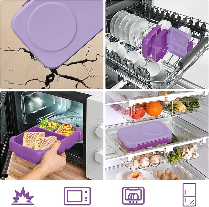 Bento Box for Kids,Kids Bento Lunch Box with Built-in Ice Pack for School,3 Compartments Leak Proof Lunch Container with Utensils for Girl Boy;BPA Free,Microwave & Dishwasher Safe, 44oz(Purple)