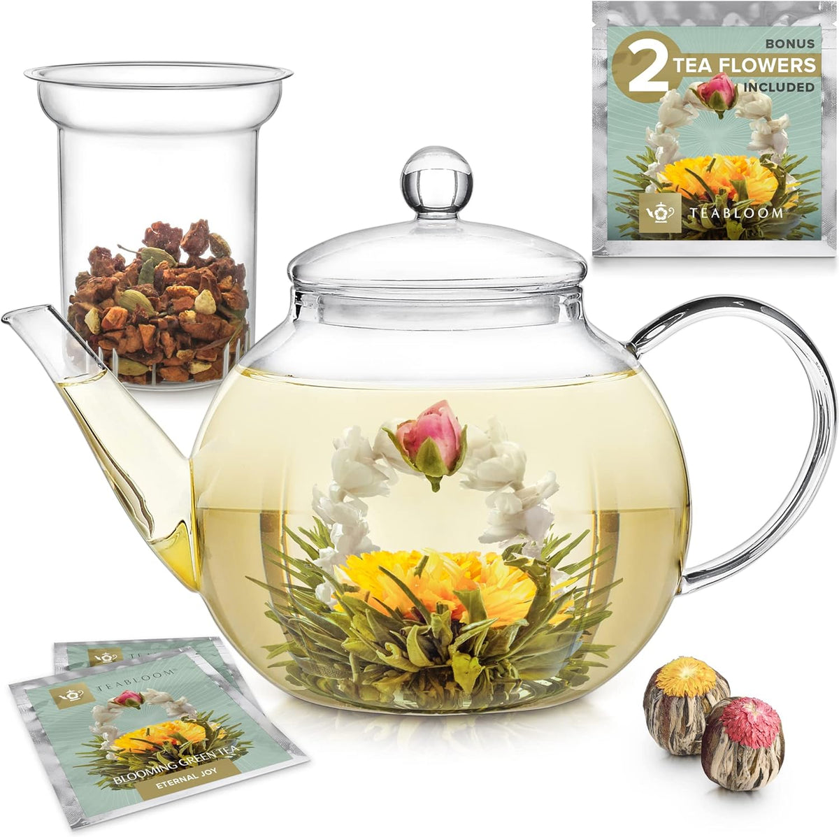 Teabloom Stovetop & Microwave Safe Glass Teapot with Removable Loose Tea Glass Infuser – Includes 2 Blooming Teas – 2-in-1 Tea Kettle and Tea Maker – Tea Purist's Choice