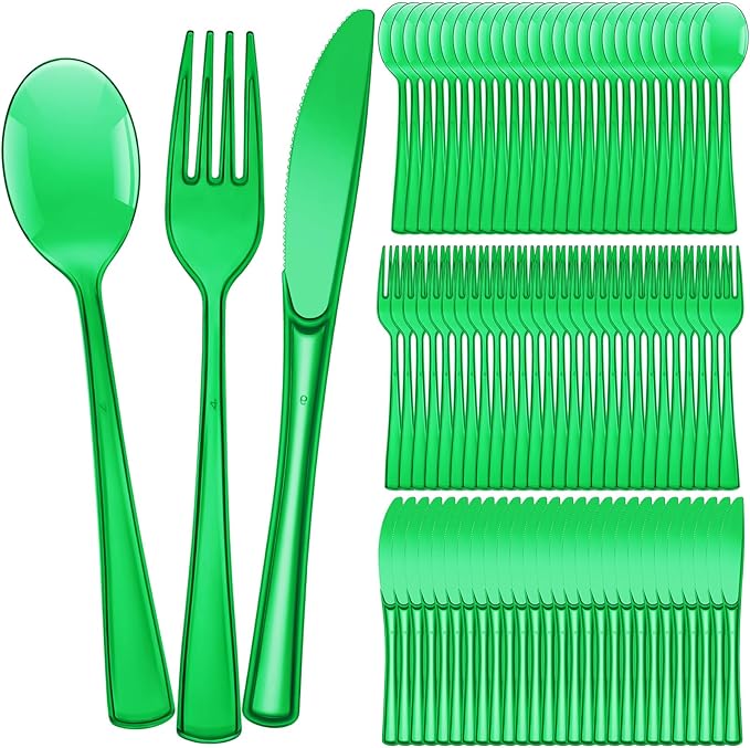Minatee 150 Pieces Disposable Cutlery Set Plastic Silverware Heavy Duty Utensil Sets 50 Forks 50 Knives 50 Spoons for Home Office School Party Picnics Restaurant Outdoor Events(Green)