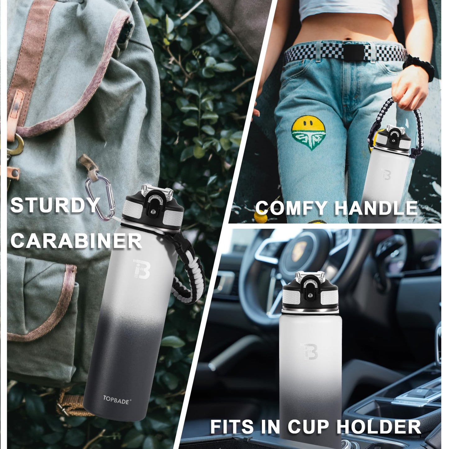 TOPBADE 24oz Insulated Sports Water Bottle with Straw & Spout Lid, Stainless Steel Water Bottle with Paracord Handle Leakproof BPA Free for gifts and school