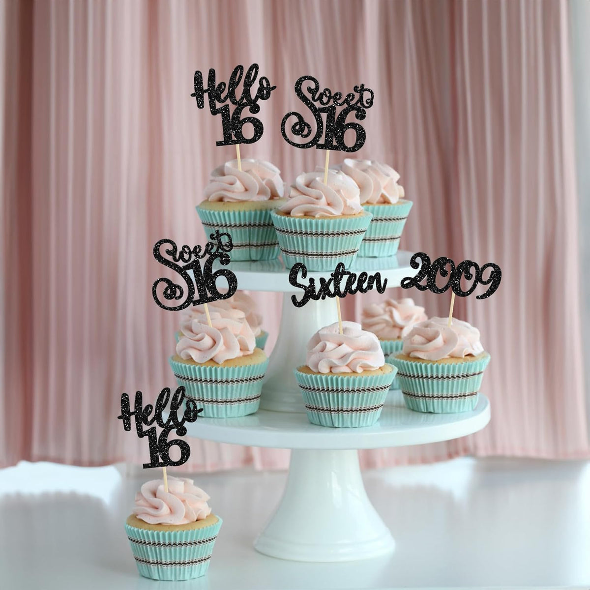 Gyufise 24Pcs Happy 16th Birthday Cupcake Toppers Glitter Hello 16 Sweet 16 Cupcake Picks 2009 Sixteen Old Birthday Cake Decorations for 16th Birthday Anniversary Party Supplies Black