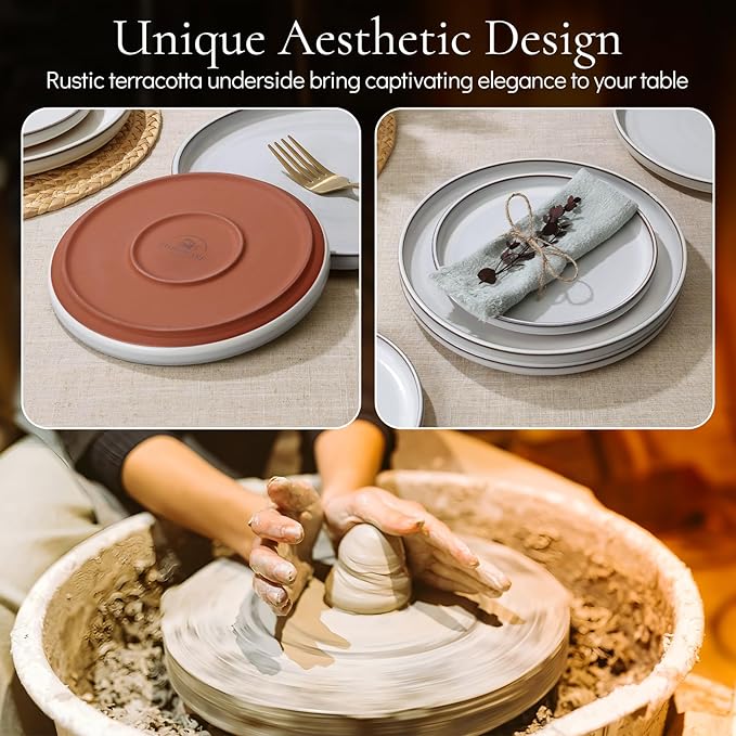 E-far Stoneware Dinnerware Sets for 6, 18 Pieces Reactive Glaze Plates and Bowls Sets, Elegant Dishes with Rustic Terracotta Clay Base, Dishwasher & Microwave Safe, Scratch Resistant, Glacier White