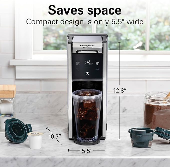Hamilton Beach FlexBrew Advanced 4-in-1 Single Serve Hot & Iced Coffee Maker with Removable 45 oz. Water Reservoir, Use Pod Packs and Grounds, Fast Brewing, LED Touchscreen, Black (49925)
