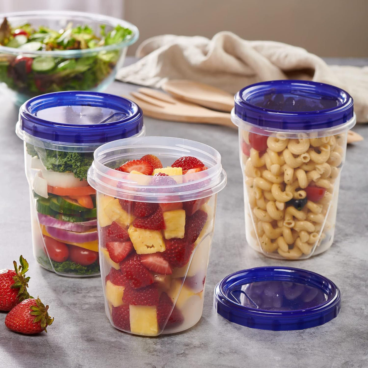 PLASTICPRO 12 Pack Twist Cap Food Storage Containers with Blue Screw on Lid- 32 oz Reusable Meal Prep Containers - Freezer and Microwave Safe Blue Plastic Food Storage