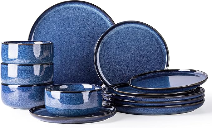 TheTerra Ceramic Dinnerware Sets for 4, 12 Pieces Handmade Reactive Glaze Plates and Bowls Set, Scratch Resistant Dish Set, Oven & Microwave & Dishwasher Safe, Blue