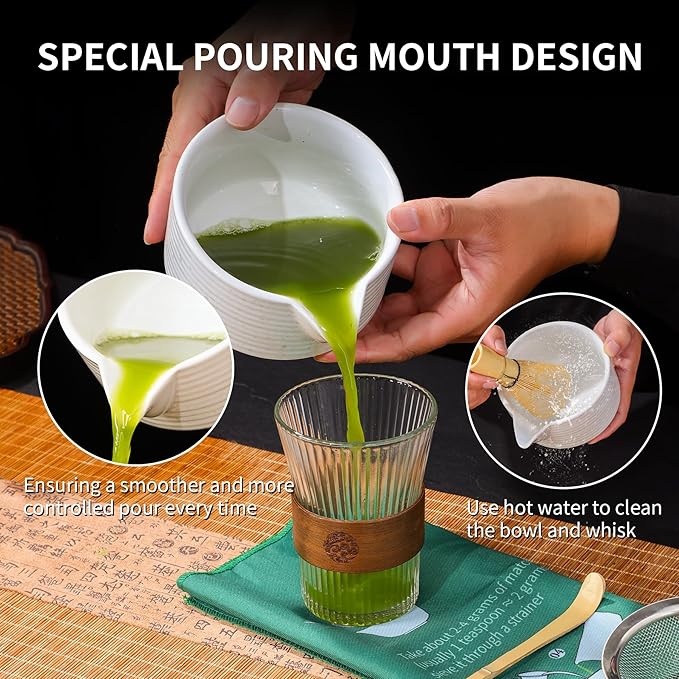 Matcha Bowl Set, Matcha Whisk and Holder, Stainless Sifter & Bamboo Scoop, Towel, 7 PCS Matcha Starter Kit for Matcha Lovers, White