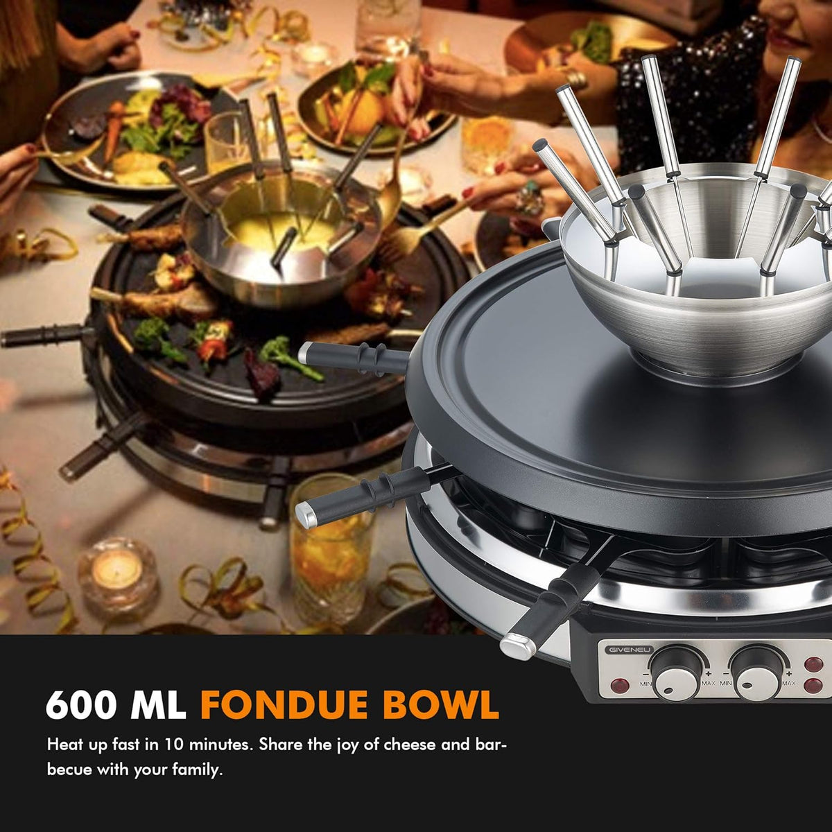 Electric Fondue Pot Sets with Barbecue Grill, 600ml Fondue Pot with 8 Forks and Electric Raclette, Dual Adjustable Thermostats, Perfect Fondue Grill Combo for Family Fun