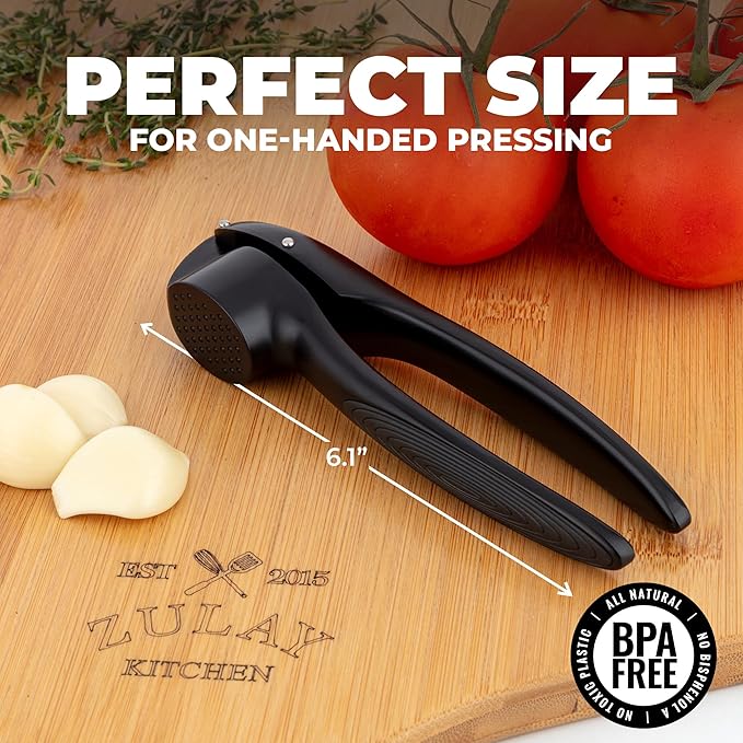 Zulay Kitchen Premium Garlic Press Set – Rust Proof & Dishwasher Safe Garlic Mincer Tool with Silicone Garlic Peeler & Brush, Easy Squeeze & Clean, Ergonomic Soft Grip Handle - Medium – Black