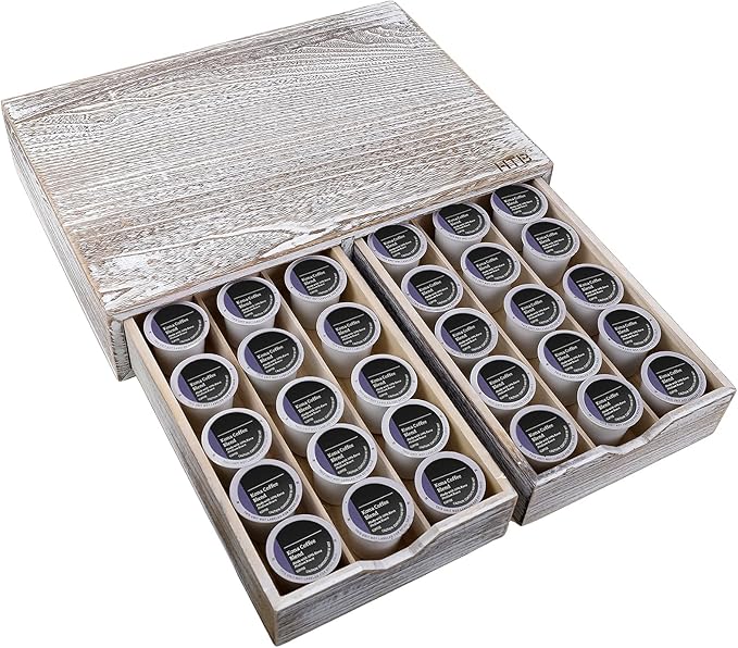 HTB K Cup Holder Compatible with K Cups, Coffee Pod Holder Holds Up 30 Cups, K Cup Organizer Storage Drawer Wood K Cup Drawer Vintage White