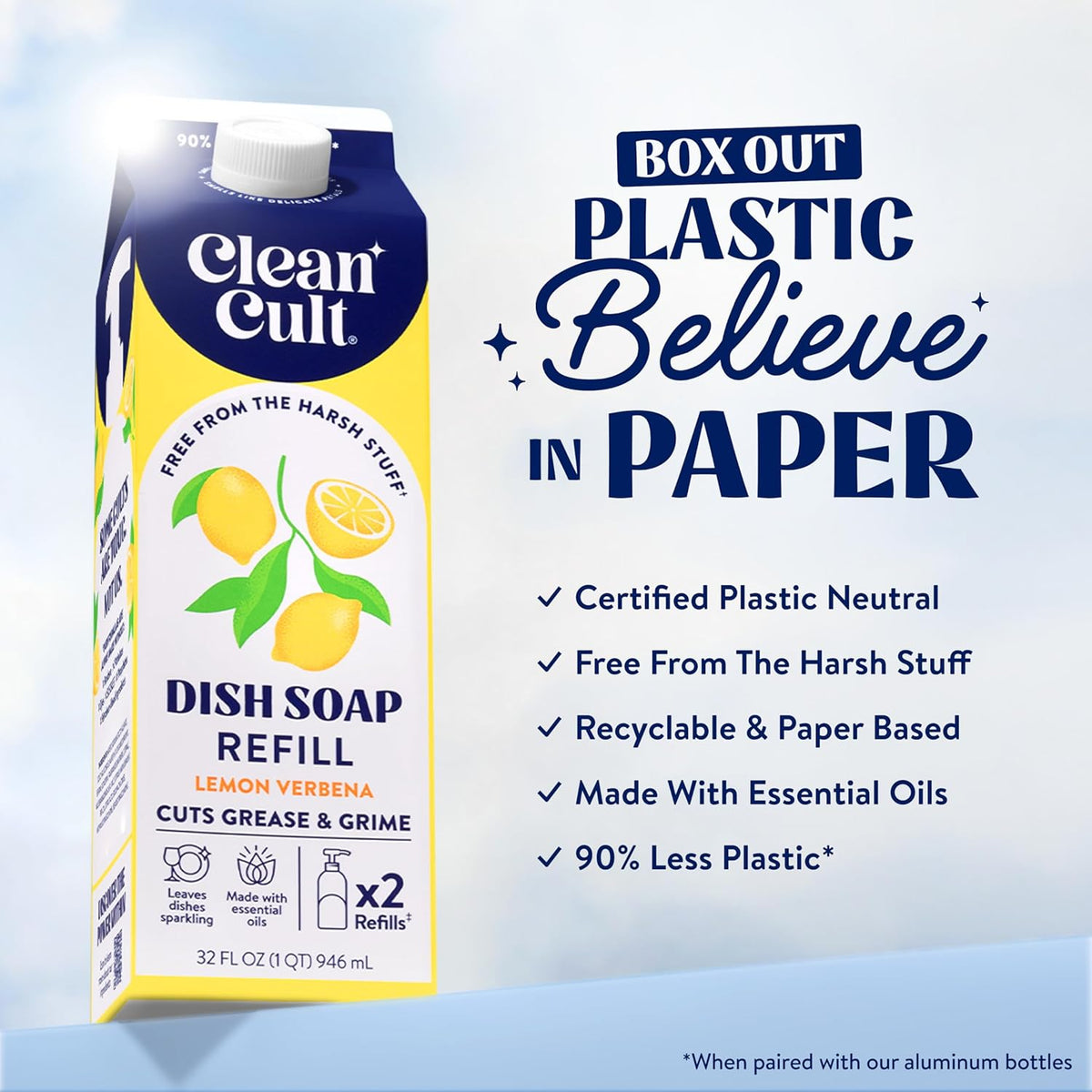 Cleancult Dish Soap Liquid Refill (32oz, 1 Pack) - Plant Based Cleaning Power - Dish Soap that Cuts Grease & Grime - Free of Harsh Chemicals - Uses 90% Less Plastic - Lemon Verbena