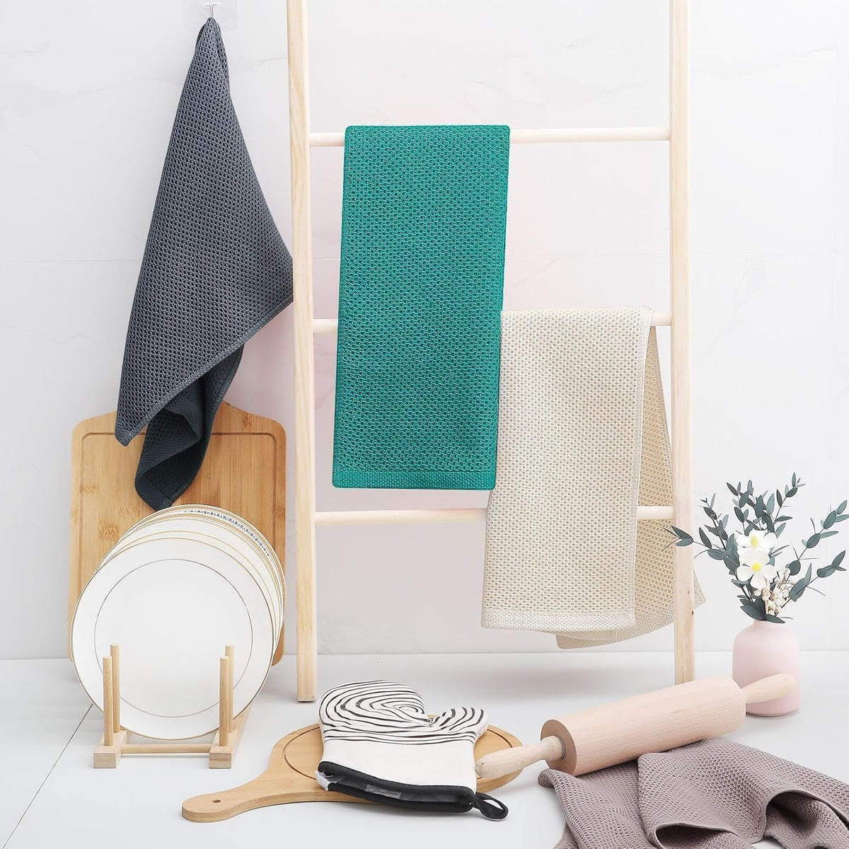 Homaxy 100% Cotton Waffle Weave Kitchen Dish Towels, Ultra Soft Absorbent Quick Drying Cleaning Towel, 13 x 28 Inches, 12-Pack, Teal