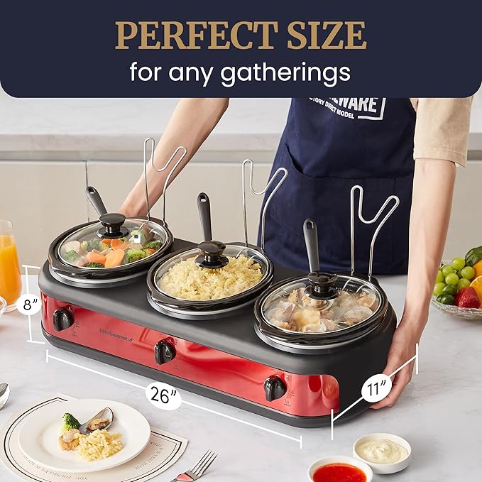 Elite Gourmet EWMST-325R Maxi-Matic Triple Slow Cooker Buffet Server Adjustable Temp Dishwasher-Safe Oval Ceramic Pots, Lid Rests, 3 x 2.5 Qt Capacity, Red
