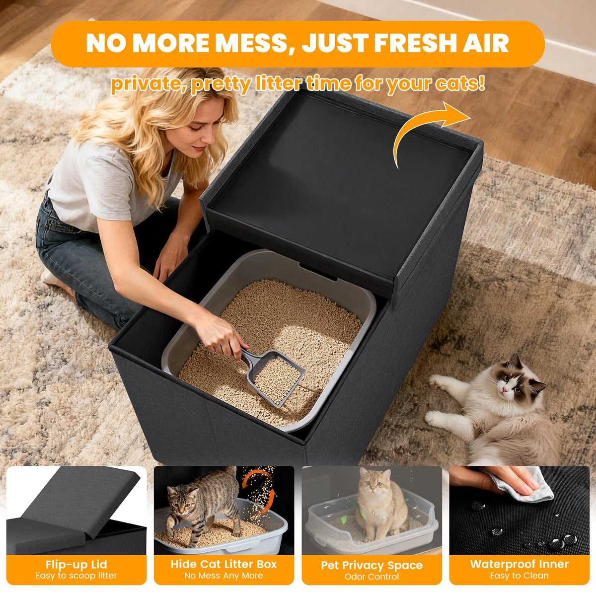 Fecuria 3-in-1 Cat Litter Box Enclosure with Odor Control, Multi-Functional Hidden Litter Box Furniture Bench, Dog Proof, Space-Saving Ottoman Cabinet with Flip-Up Lid, Storage Footrest, Dark Grey