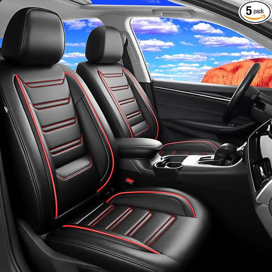Fit HR-V Car Seat Covers for Select Honda HRV 2016-2025 2026 LX/EX/EXL/Sport - Full Coverage Leather, Waterproof & All Weather Seat Cushion Protector, Full Set, Black with Red Trim