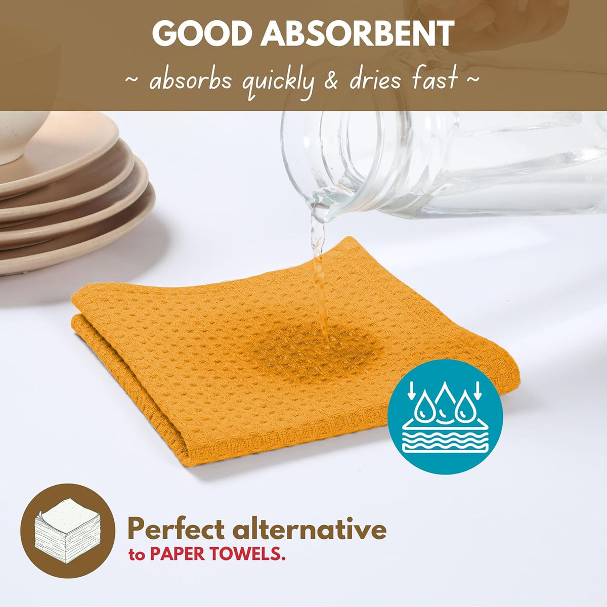 Native Fab Cotton Kitchen Towel with Hanging Loop 16x26 inches, 4-Pack, Waffle Weave Kitchen Towels for Cleaning Drying, Washcloths Soft & Absorbent Cloth Rags, Bar Towel, Dish Cloth, Mustard Yellow