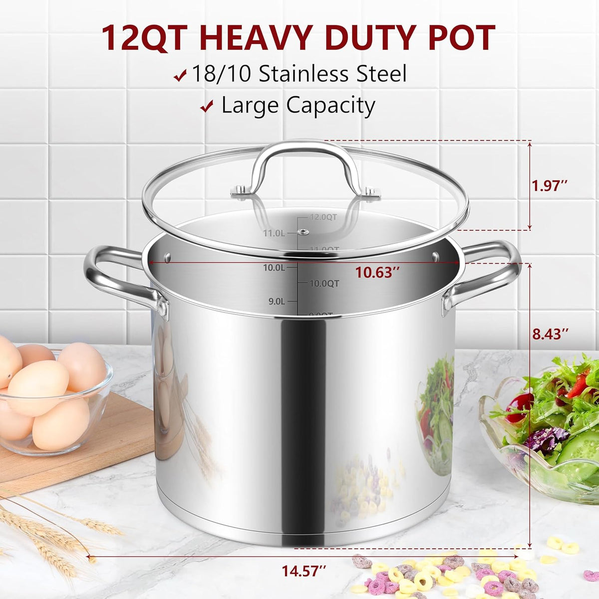 Herogo 12-Quart 18/10 Stainless Steel Stock Pot with Lid, Large Heavy Duty Soup Pot Compatible with Electric, Gas, Induction and Various Cooktops, Dishwasher Safe