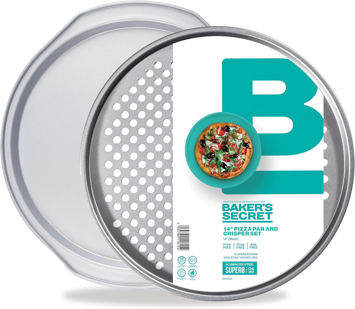 Baker's Secret Pizza Pans for Oven, Aluminized Steel Pizza Baking Pan, 2 Layers Non-stick Coating Easy Release, Dishwasher Safe - The Superb Collection (1x Pizza pan & Crisper set)