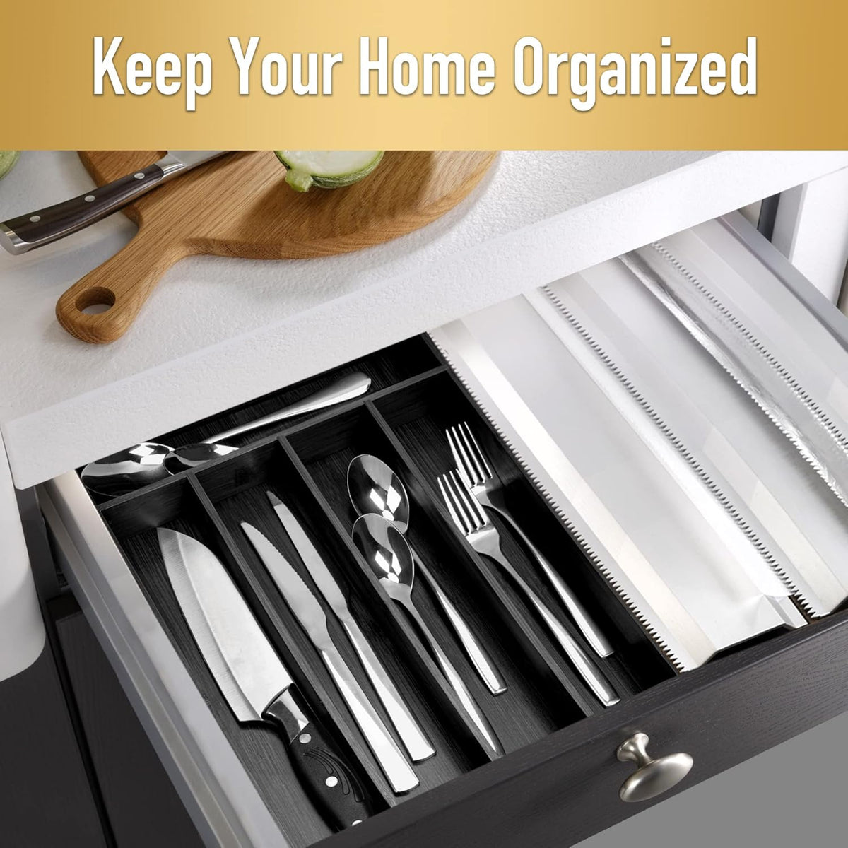 Bamboo Silverware Holder - Drawer Organizer with 5 Slots (Black)