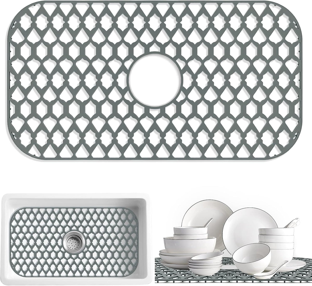 Large Sink Protectors for Kitchen Sink 19”x13”& 24”x13”& 26”x14”, Silicone Sink Mats Grid for Bottom of Farmhouse Stainless Steel Porcelain Sink (26”x14”, Center Drain)