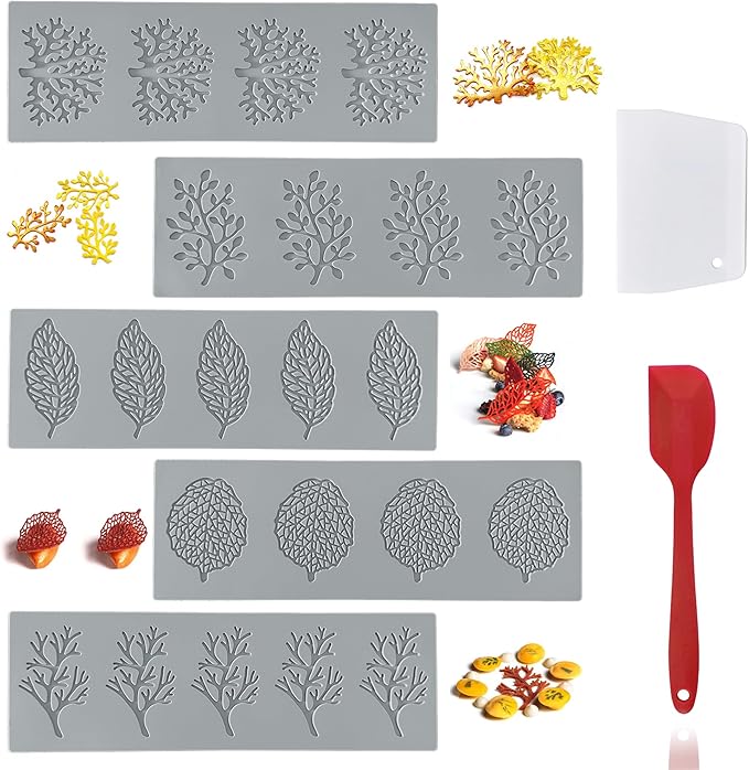 7Pcs Leaf Silicone Fondant Molds with Dough Scraper Silicone Spatula, 3D Coral Branch Leaf Chocolate Molds, DIY Baking, Sugar Craft, Wax, Gum Paste, Cupcakes, Clay