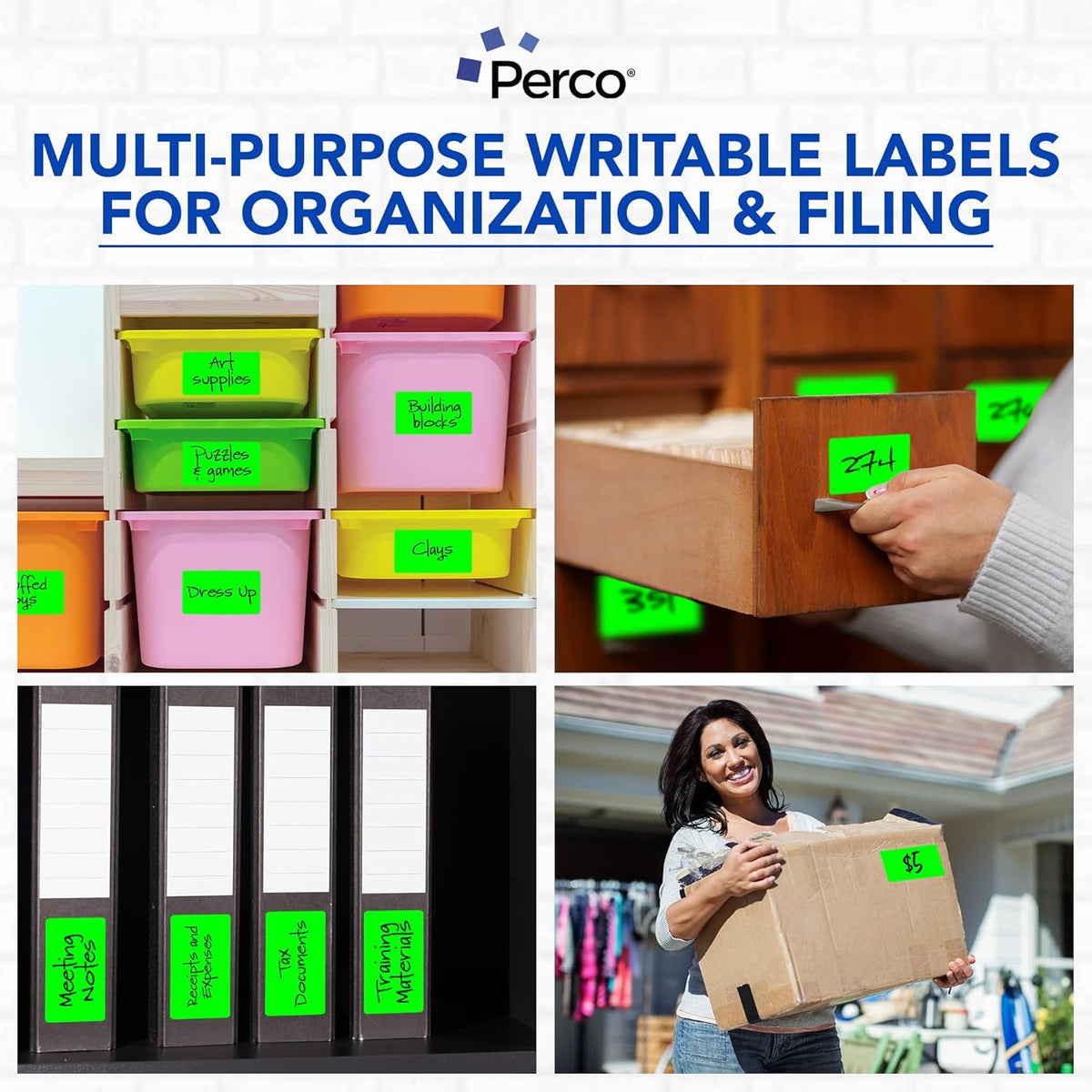 Perco Fluorescent Green Labels 3x5 Inch 500 Stickers/Roll with Easy Peel Perforation and Strong Adhesion for Inventory Management, Color Coding, Moving Boxes, Retail, Organizing & Crafts – Made in USA