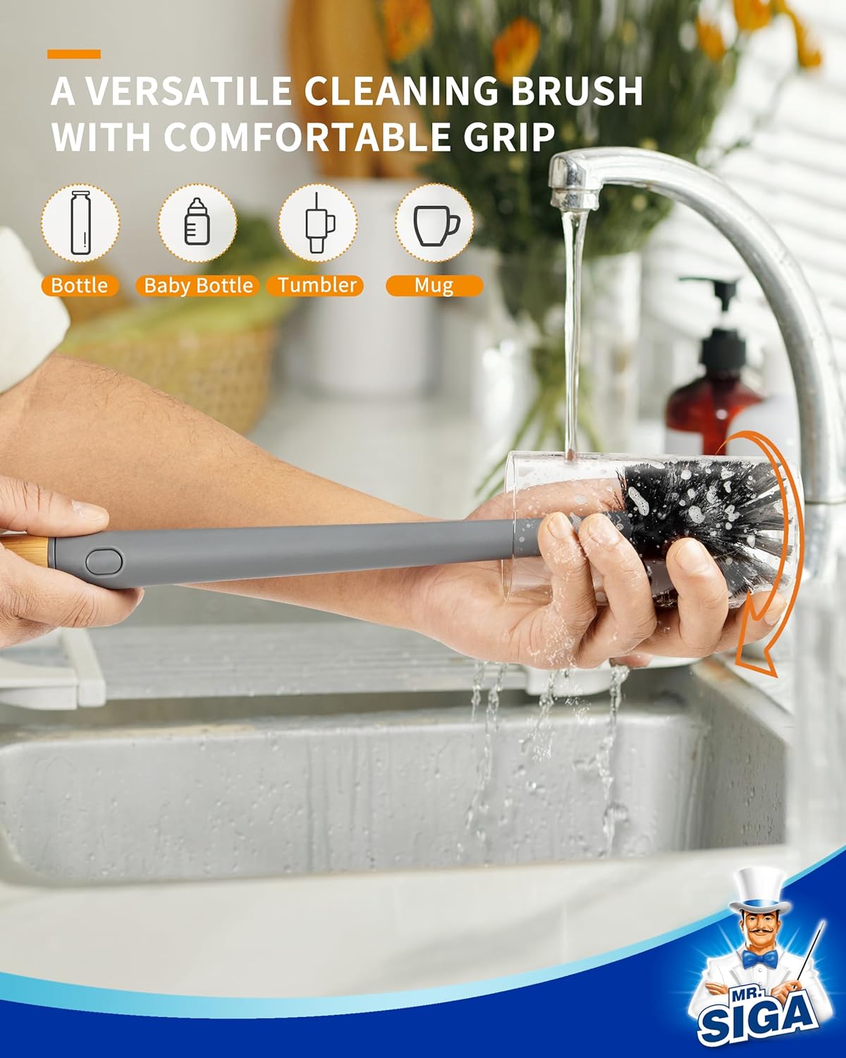 MR.SIGA Water Bottle Brush and Straw Cleaner Brush, Long Handle Bottle Cleaner Brush, 2 in 1 Bottle Cleaning Brush for Sports Bottles, Baby Bottles, Mugs, Straws
