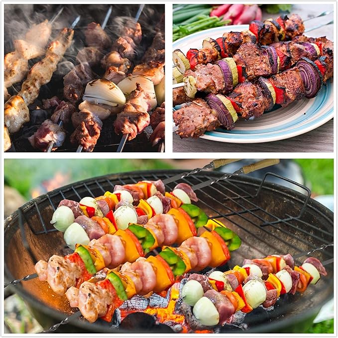 Large Size Kabob Skewers Flat Metal BBQ 22" Barbecue Skewer Wooden Handle Stainless Steel Shish Kabob Stick Wide Reusable Grilling Set Meat Shrimp Chicken Vegetable Kebab Fork Sausage-12PCS