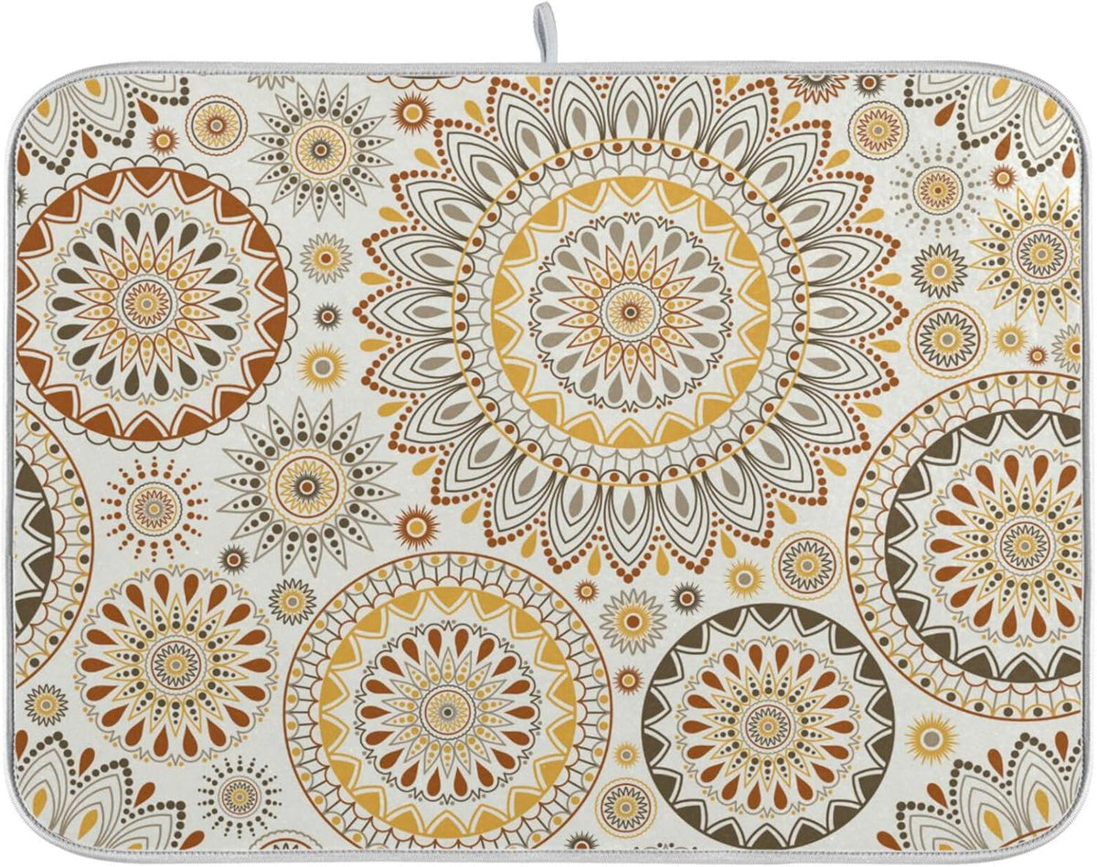 Mandala Ethnic Bohemian Ornament Dish Drying Mat for Kitchen Counter Absorbent Microfiber Drying Pad, Medium 16x18 in, Reversible Drainer Mats