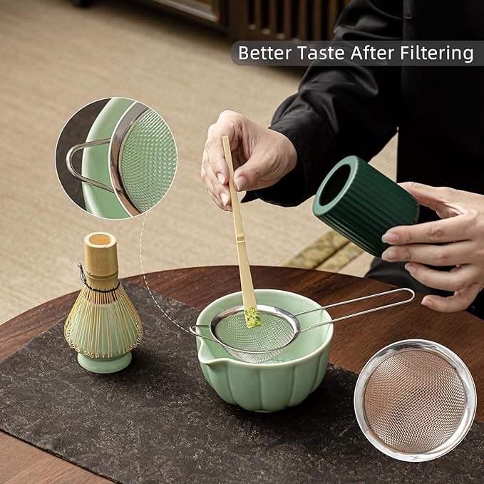 Matcha Whisk Set, Matcha Set Includes Ceramic Matcha Bowl, Bamboo Whisk, Scoop, Chasen Holder, Sifter - 5 Pcs Perfect Matcha Kit for Macha Lover (Emerald Green)
