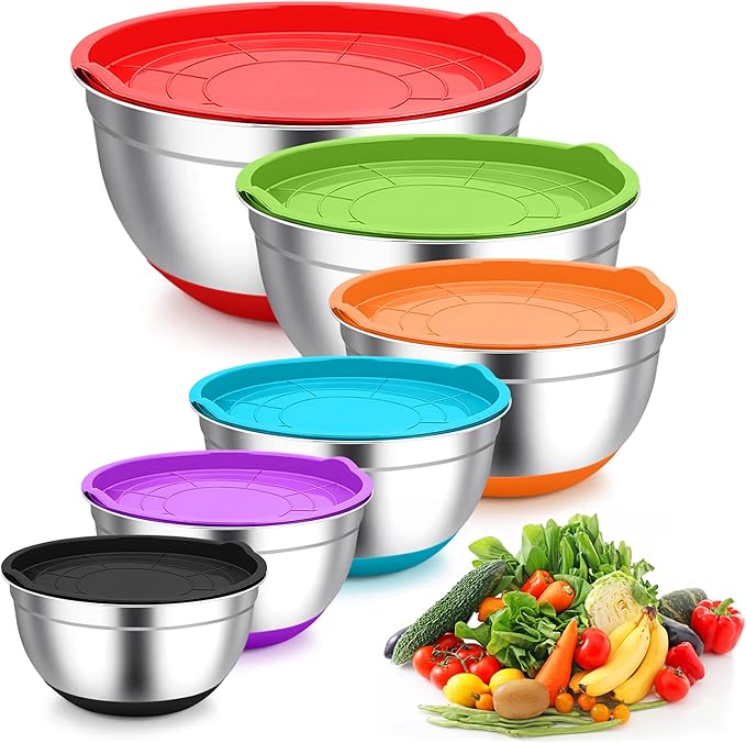 TeamFar Mixing Bowls, Stainless Steel Mixing Bowls with Lids, Nesting Salad Bowls with Air-tight Lids & Non-slip Bottom, Dishwasher Safe & Stackable, Set of 6-4.6/2.6/2 / 1.5/1 / 0.7 Qt