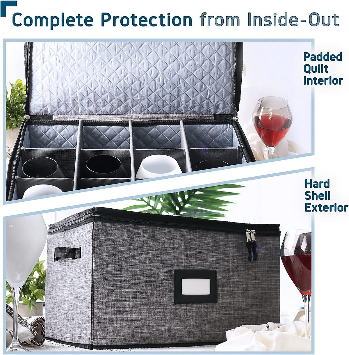Hearth & Harbor Wine Glass Storage Box with Dividers, Quilted and Stackable Stemware Storage Cases, Service of 12 Glass China Container Hard Shell for Moving and Organization, Grey