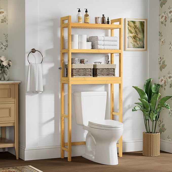 Smiry Over The Toilet Storage Cabinet, 3-Tier Bamboo Bathroom Organizers with Adjustable Shelf & 4 Hooks, Space Saving Shelf Rack for Bathrooms, Laundry Room, Balcony, Natural