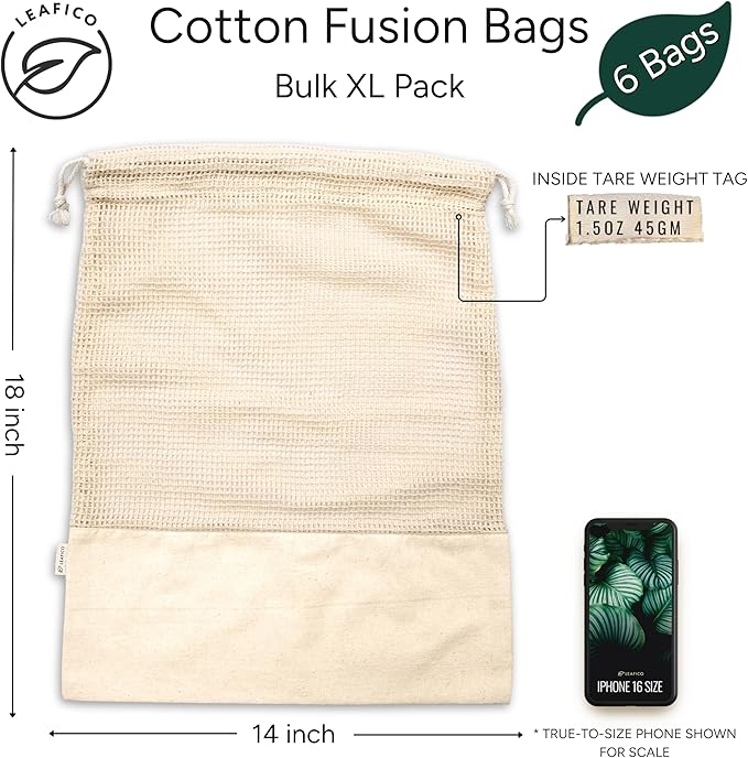 LEAFICO Reusable Produce Bags – 100% Cotton Mesh & Solid Hybrid (XL 14x18 inch 6 Pcs) – Extra Large Bags for Potatoes, Laundry, Toys, Bulk Storage – Washable, Plastic-Free, Breathable, Zero Waste