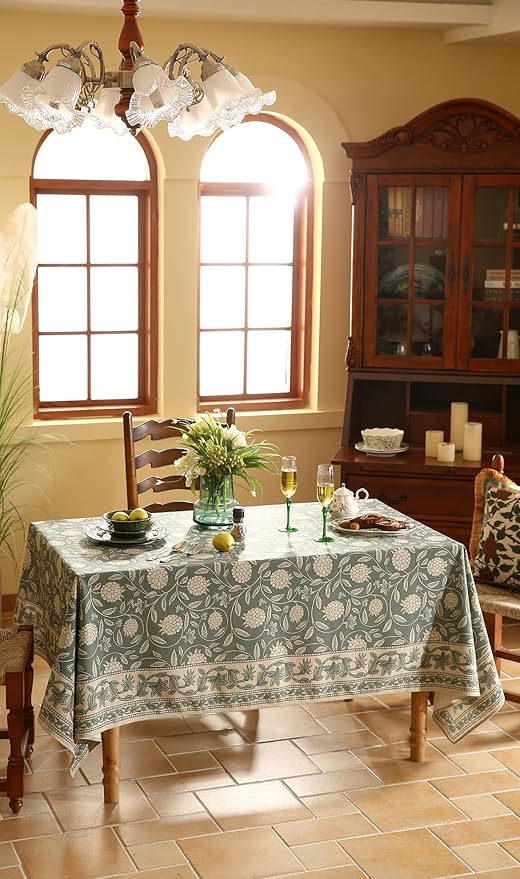ISAENNE Designer Grayish Green Linen Small Tablecloth Rectangular,Floral Stain Resistant Table Cloth,Fall Vintage Decor Tablecloths for Dining Thanksgiving Kitchen Party,55"*71"-Andrew A