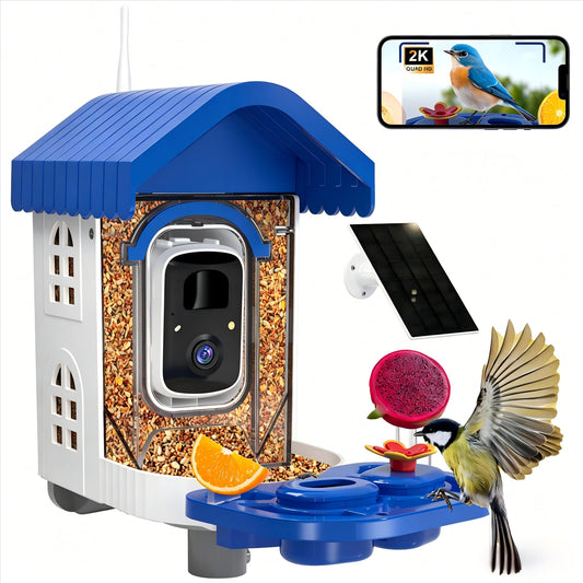 NEEZUKAR Smart Bird Feeder with Camera Solar Powered, AI Species Identification, 2K HD Video, Instant Arrival Alerts, Weatherproof Design for Outdoor, Best Gift for Bird Lovers(Blue)
