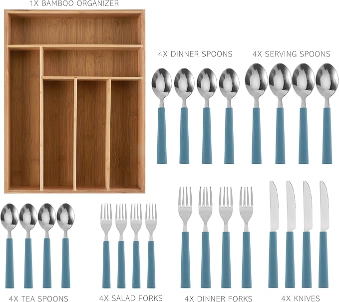 COOK WITH COLOR Bamboo Kitchen Utensil Set with Drawer Organizer | Cooking Tools and Storage Caddy, Blue, 25 Piece Cutlery Set