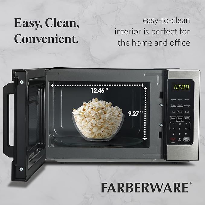 Farberware 0.9 Cu. Ft. Countertop Microwave Oven – 900 Watts Power, Auto Cook Settings, Defrost, Easy Clean and Child Safety Lock - Stainless Steel