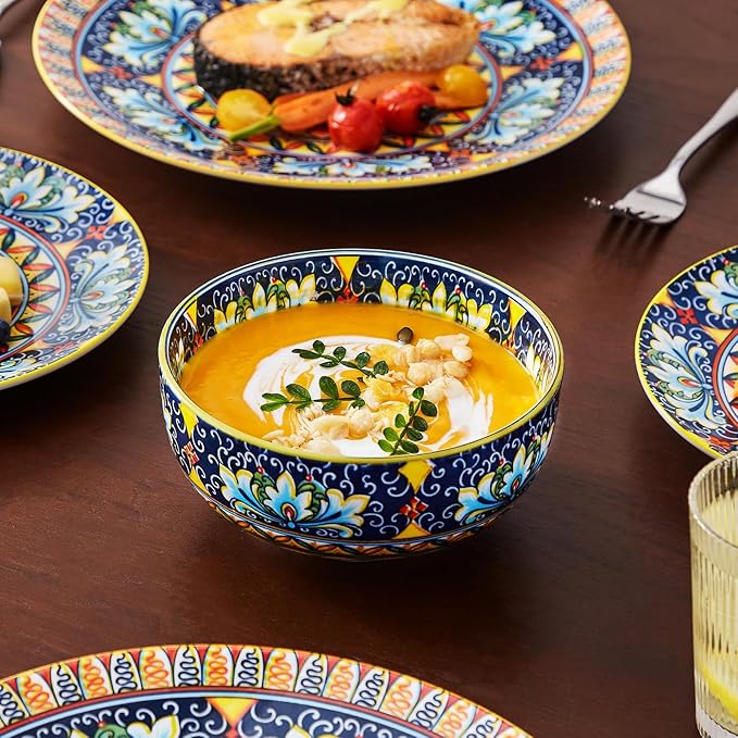 vancasso 12 Pieces Dinnerware Sets, Yellow Plates and Bowls Set, Porcelain Dishes Set for 4, Microwave and Dishwasher Safe, Scratch Resistant, Bohemian Style Dining Ware Service for 4, Series SIMI