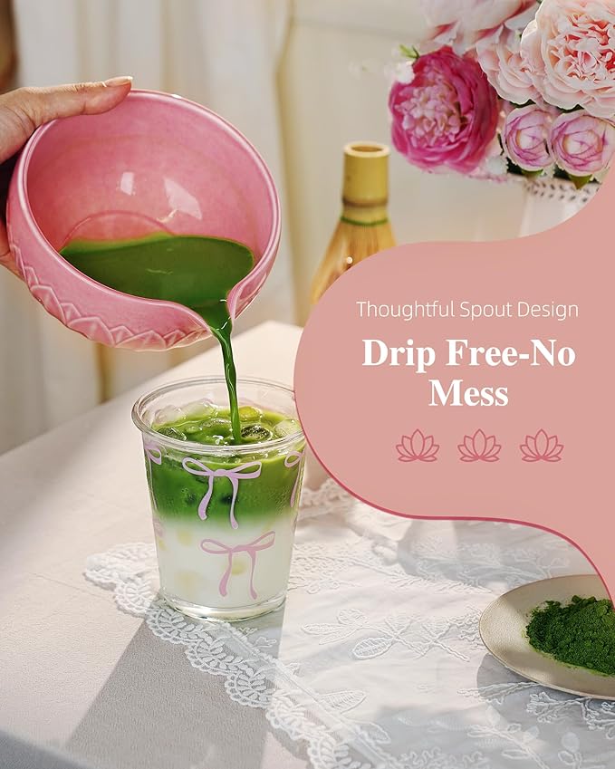 ZENS Pink Matcha Kit, 6pcs Matcha Whisk Set Includes 15oz Pink Bowl, Chasen Holder, Bamboo Whisk & Scoop, 304 Sifter & Tea Mat, Japanesse Matcha Set for Matcha Latte-Making