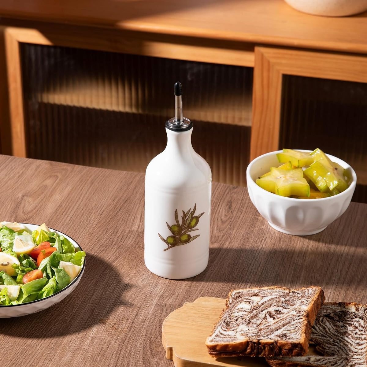 Sweejar Porcelain Olive Oil Dispenser Bottle, Opaque Oil Cruet Protects Oil to Reduce Oxidation, Suitable for Storage of Oil, Vinegar, Soy Sauce and Other Liquids, Pack of 1, 15.5 Oz (Olive Leaf)