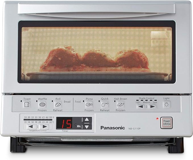 Panasonic FlashXpress Toaster Oven Countertop, 4-Slice Small Toaster Oven Compact Size with Double Infrared Heating, 6 Auto Cook Options and Precise Temperature Control, 1300W - NB-G110P (Silver)