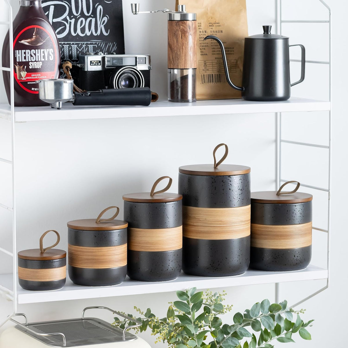 Small Ceramic Jar with Lid, Coffee Container Kitchen Food Storage Jars for Spice Sugar Tea Bag Matcha Container Airtight, Stacairtightkable Decorative Jars for Countertop, Black & 5oz