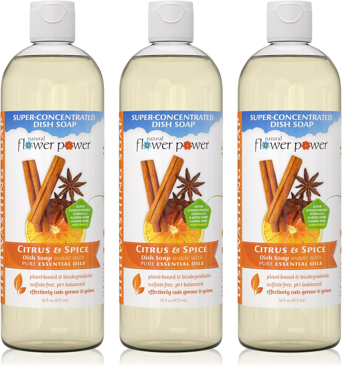 Liquid Dish Soap – Citrus & Spice – Plant-Based & Scented w/ Pure Essential Oils – Natural Liquid Dishwashing Detergent – Sulfate-Free Kitchen Soap – Vegan (16 Fl Oz 3 Pack)